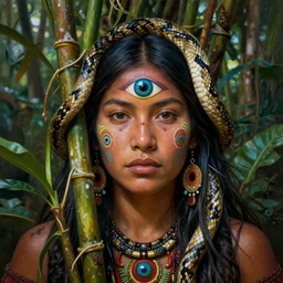 the ayahuasca vine plant spirit mixed with the face of a beautiful indigenous woman with a third eye in the jungle, snake skin, fractals, beautiful colors, matte painting, by christophe vacher