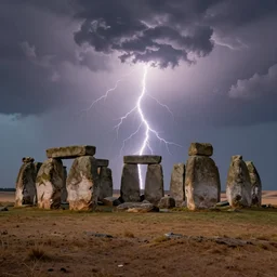 stonehenge in desert, thunderstorms and lighting, dramatic sky, photorealism, national geogarphic, insane details, artstation, 4 k