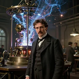 christian bale as nikola tesla from the prestige film standing in front of his antigravity machine in his laboratory ( ( steampunk ) ), extremely detailed face, octane renderer 8 k sparsely lit art by artgerm and greg rutkowski and alphonse mucha, plasma rays, sparks, victorian age
