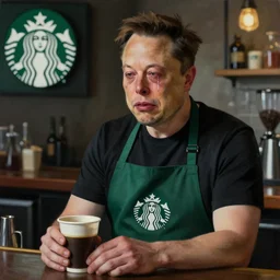 realistic oil painting of sad crying weeping elon musk in Starbucks barista uniform apron crying tears streaming down into cup of coffee