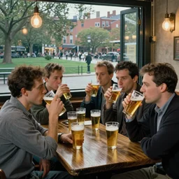 a lively group of beer lovers drinking at a pub in the city next to a local park, picture in the style of edward hopper, clear faces