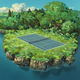 Tennis court on the island of floating air, by Miyazaki Hayao
