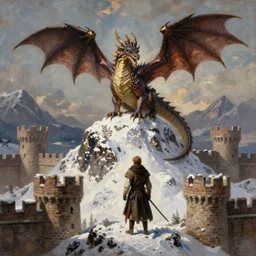 medieval fantasy oil painting, realism, lifelike, a european dragon is perched atop a snowy mountain peak, as a dnd characer, surrounded by brick castle fortresses