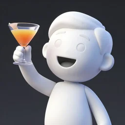 a 3 d smiling model of a white marble human head holding a coctail, digital illustration, 3 d render, above the waist