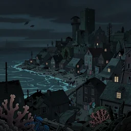dark foreboding hauntingly beautiful apocalyptic seaside overcrowded town by genndy tartakovsky inspired by night in the woods with coral and fish sprinkled about