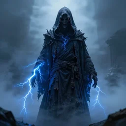 character design, dark fantasy arcanist, tattered hood, blue lightning, blue mist, fog, scary, photorealistic, cinematic, hyper realistic, octane render, 8 k, wide angle