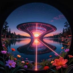 reclaimed by nature by zaha hadid, lake gem myst infrared laser fisheye alien synthwave nature bladerunner 2 0 4 9 hyperrealism at dawn anime tron retrowave flowers, archdaily, wallpaper, highly detailed, trending on artstation.