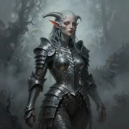 by Tom Bagshaw, ultra realist soft painting of lovecraft universe of curiosities, single female Cthulhu mutation in gothic armor, partial symmetry accurate features, very intricate details, focus, curvy, award winning, ultra dense fog