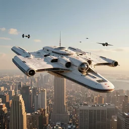 extreme long shot of a colossal imperial star destroyer hovering over the sky of new york city, tie fighters patrolling, golden hour, deep depth of field, aerial view, the sun on the horizon, award winning photography, 8 k, octane render, unreal 5, hyperrealistic, symmetrical, breathtaking, groundbreaking, intricate digital art, photoshop, cgi art