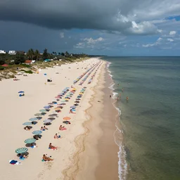 photograph beachscapes from an almost perpendicular angle, Aerial view of sandy beach with umbrellas and sea, Aerial of a crowded sandy beach with colourful umbrellas, sun bathers and swimmers during summer, by Tommy Clarke