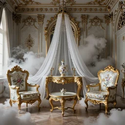 explosion of a Gothic baroque porcelain room furnished with baroque furniture made of porcelain and gold enamel threads, white veils. trending on artstation, sensual gloomy, volumetric clouds, unreal render, depth of field