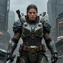 character portrait of a big beefy female warrior wearing mjolnir armor from halo infinite in a desolate cyberpunk wasteland city, symmetrical face details, realistically rendered eyes, 8 k, ultra realistic, realistic shading, matte painting, moody lighting, magic hour photography, good value control, concept art, digital painting, realistic shading, sharp focus, wet, heavy rain, rainstorm, minimal artifacts, john singer sargent, william - adolphe bouguereau, masami suda