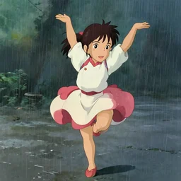 well - lit art nouveau portrait of a 1 3 - year old girl dancing in the rain, natural lighting, path traced, highly detailed, high quality, cartoon, digital painting, by don bluth and ross tran and studio ghibli