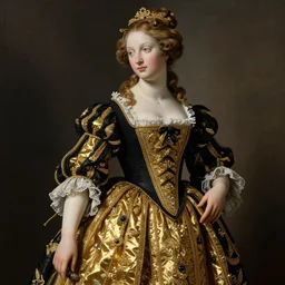 a statue of a woman in a black and gold dress, a flemish baroque sculpture by pedro roldan, trending on pinterest, baroque, flemish baroque, made of beads and yarn, ornate