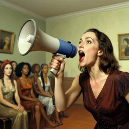 a white woman shouting into a megaphone, a room full of women of colour, surrealist, by dali