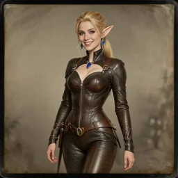 daguerreotype of beautiful elf, skintight leather body suit, blond hair, tied ponytail, happy, sapphire earrings, high fantasy, aion, digital illustration, by rossdraws, frank franzzeta, sakimichan