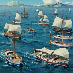 sharp focus, breath taking beautiful, Aesthetically pleasing, gouache sea and boats, digital concept art background by Hayao Miyazaki and Studio Ghibli, fine art, official media, high definition, illustration, ambient lighting, HDR, HD, UHD, 4K, 8K, cinematic, high quality scan, award winning, trending, featured, masterful, dynamic, energetic, lively, elegant, intricate, complex, highly detailed, Richly textured, Rich vivid Color, masterpiece.