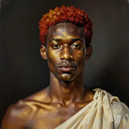 a professionally painted african male model , clothed in ancient, gold dark skin, deep reddish gold hair, beautiful bone structure, big symmetrical scar features, stunningly, beautiful, intricate, elegant, digital painting, smooth, sharp focus, illustration, made by, Jacob Lawrence, Sam Gilliam, Edmonia Lewis, Jean-Michel Basquiat, Henry Taylor