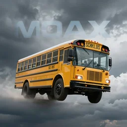 a yellow 7 4 7 school bus flying, imax, dramatic sky