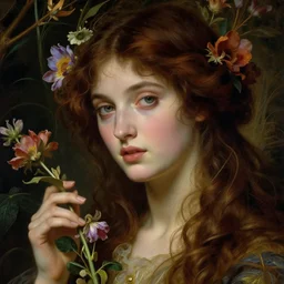 Pre-Raphaelite goddess of nature in the style of John William Godward, close-up portrait, in focus, flowers and plants, moody, intricate, mystical