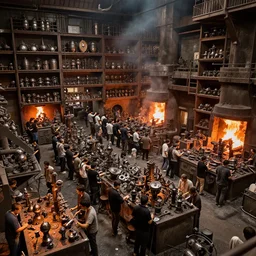 a huge crowd of employees working in the forges of hell on many bizarre metal pieces. the walls are covered with big metal racks.