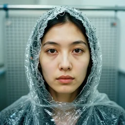 a closeup portrait of a woman wearing a hood made of wire and plastic, in a laundry mat, color photograph, by john currin, canon eos c 3 0 0, ƒ 1. 8, 3 5 mm, 8 k, medium - format print