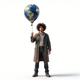 afro-haired meteorologist with weather balloon, high detail digital art, full body, standing, isolated on a pure white background, centered, whole figure in frame, sharp focus, studio lighting