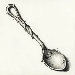 a large thorny spoon, twisted, loop, alchemical drawing, ink on paper, anatomical drawing, durero, 8 k, intricate, highly detailed,