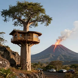 a modern treehouse made on the side of a cliff in madagascar, baobab tree, next to an enormous erupting volcano, cars parked at the bottoom, artstation, an epic fantasy, cinematic lighting, photographic, hyper realistic, photographic, sharp focus, by greg rutkowski and wolp, artgerm