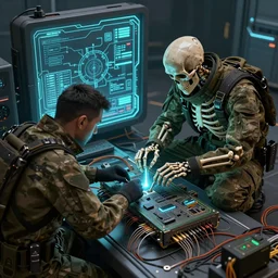 an army cyberpunk skeleton maintenance workers fixing a modem, sharp lines, digital, artstation, colored in