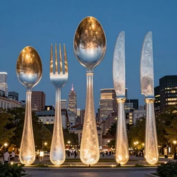 A city block made out of large spoons, forks, and knives, beautiful lighting