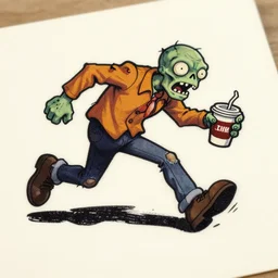 zombie chasing coffee, patch logo, by mcbess, full colour print, vintage colours 1 9 5 0 s, high detail