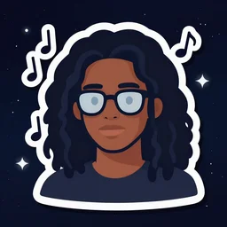 sticker illustration vector art of a black man with long curly hair wearing glasses, on deep space, musical notes floating
