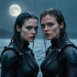 cinestill 5 0 d candid photographic portrait by christopher nolan of two loving female androids wearing rugged black mesh techwear in treacherous waters, extreme closeup, modern cyberpunk moody emotional cinematic, pouring rain full moon, 8 k, hd, high resolution, 3 5 mm, f / 3 2, ultra realistic faces, ex machina