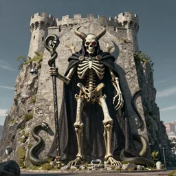 monumental, weary 3 d render by nathan wirth. a beautiful street art of a horned, red - eyed, skeleton - like creature, with a long black cape, & a staff with a snake wrapped around it, standing in front of a castle atop a cliff.