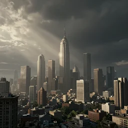 concept art of a cityscape by eddie mendoza, atmospheric, detailed, matte, godrays
