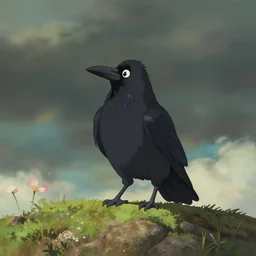 a wholesome animation key shot of a crow on a hill, simetrical medium shot, studio ghibli, pixar and disney animation, sharp, rendered in unreal engine 5, anime key art by greg rutkowski, bloom, dramatic lighting