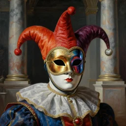 a baroque neoclassicist close - up portrait of a colorful jester wearing an iridescent retrofuturistic venetian mask, large marble architecture in background. renaissance portrait painting. highly detailed science fiction painting by norman rockwell, frank frazetta, and syd mead. rich colors, high contrast, gloomy atmosphere, dark background. trending on artstation