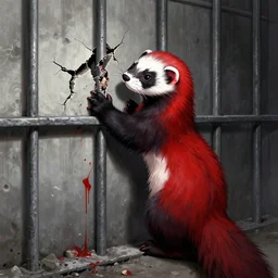 a red - and - black weasel - ferret - stoat fursona / furry ( from the furry fandom ), scratching and chiseling on a prison cell wall in order to create cracks and impressions, embraced by blessed madness, the paint flows through the nooks and crannies of the partition, the art style of paul lehr and joe jusko gone dark
