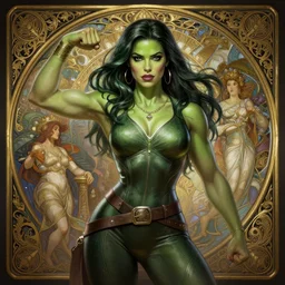 she-hulk flexing, D&D, fantasy, intricate, highly detailed, digital painting, artstation, concept art, smooth, sharp focus, illustration, art by artgerm and greg rutkowski and alphonse mucha