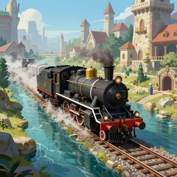 A steam locomotive rides inside of a waterway on a fantasy city. Fantasy and concept art, colorful digital painting, unreal engine.