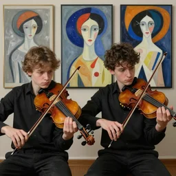 portrait of two young violin players getting ready to perform looking here, francis bacon and pat steir and hilma af klint and james jean, psychological, photorealistic, intriguing details, rendered in octane, altermodern