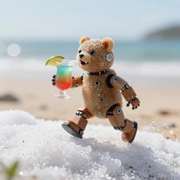 5 5 mm macro photo of an lifesize hybrid robot gummi bear on a chase, it's drinking a mai tai, on the gentle hill of white sugar. at the beach. dof. bokeh. by chris foss. sharp focus, highly detailed 8 k. intricate. lifelike. soft light. cinematic lighting.