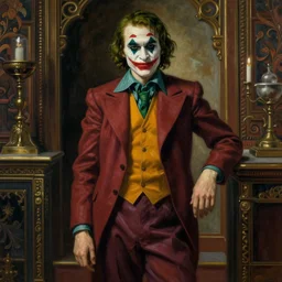 realistic renaissance full figure portrait painting of willem dafow as lee bermejo joker in a dim light intrincate room, jodhpurs greg manchess painting by sargent and leyendecker, studio ghibli, medium shot asymmetrical intricate elegant illustration hearthstone, by cristian sauret