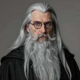 portrait of very tall and big 8 0 - year - old man, with blue eyes, very long silver hair, and very long silver beard, a long crooked nose, wearing half rounded glasses, wearing in black cloak, hyper realistic face, beautiful eyes, fantasy art, in the style of greg rutkowski, intricate, alphonse mucha, hyper detailed, smooth