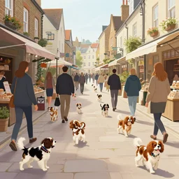 bustling city street, many cavalier king charles spaniel dogs, dogs everywhere, quaint market town, art by artgerm