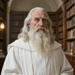 fantasy art of the description : ( sixty years old, a beardless scholar dressed in white robes, beardless, his eyes still shined blue. hair receding on top. a face that was well - worn and pleasant, with a grandfatherly air about him, dressed in white robes. ). in a library, beautiful lighting, wide angle highly detailed digital art, trending on art