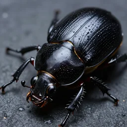 closeup of black beetle, wet, shiny, high contrast, hdri, hyper realistic