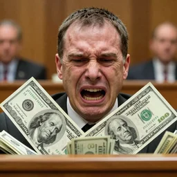 courtroom drawing of alex jones infowars losing millions and millions of dollar, his face is filled with pain and impotent rage, close up