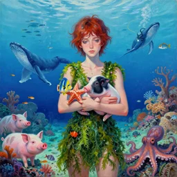 tall emo woman holding a tropical fish and a piglet in ishigaki okinawa, starfish, covered in seaweed, coral reef, summer, whale, schools of fish, scuba, pigs, octopus, acrylic on canvas, surrealist, by magritte and monet